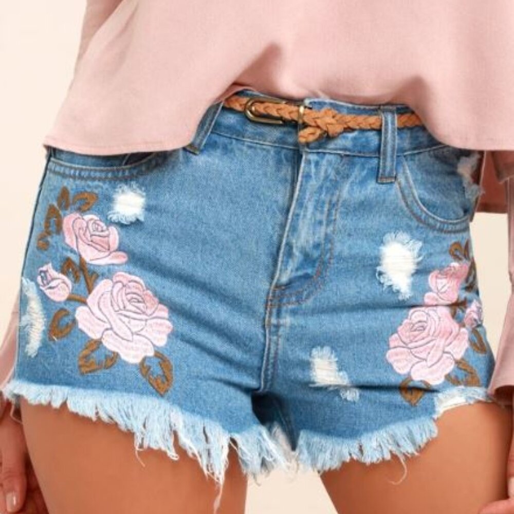 NEW! Lulu's Posy Parade Light Wash Embroidered Distressed Denim Shorts